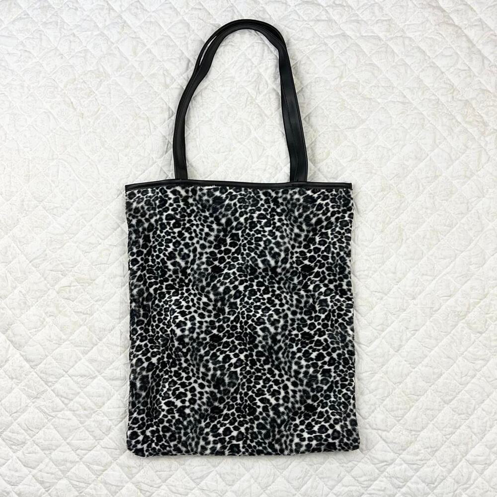 Y2k Women's Leopard Fuzzy Shoulder Tote Bag Black Gray